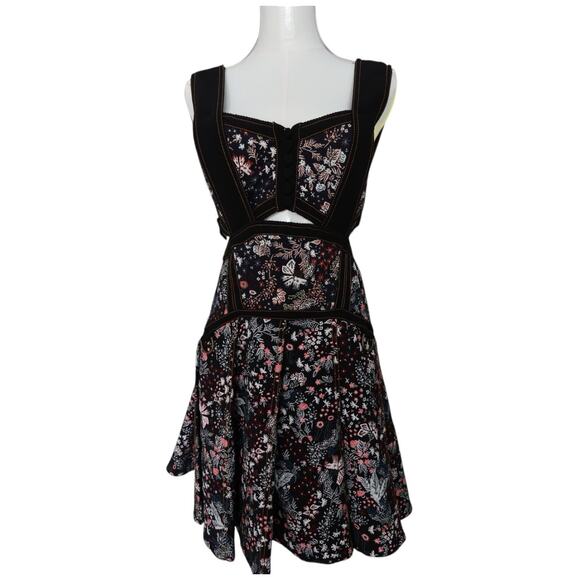 Self Portrait Black Multi Floral Jacquard Mini Dress Cutout Fit & Flare Size 6 - Picture 3 of 15